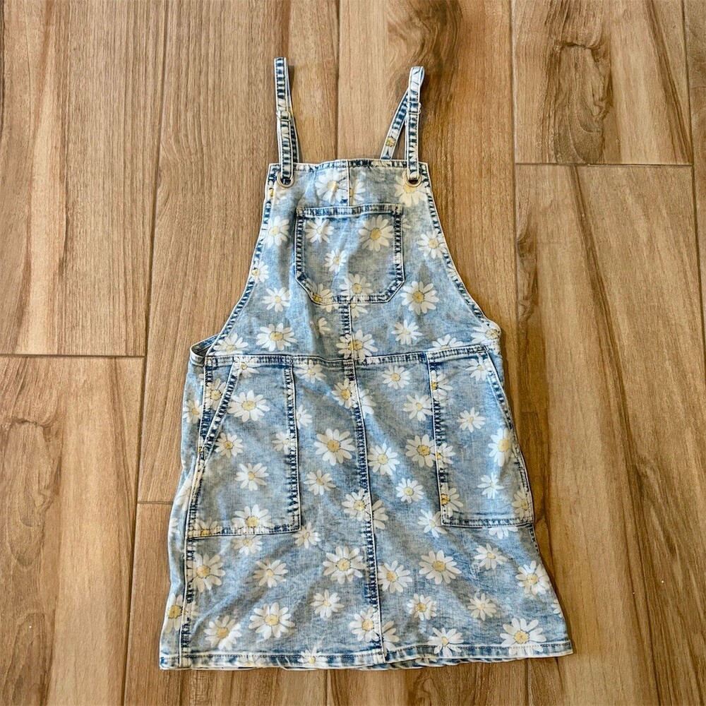 Cat & Jack Overall Dress Girls L (10/12) Blue Denim Daisy Print Jumper